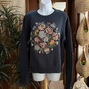 Vintage Lizsport Hand Embroidered Floral Sweater M 90s Navy Cotton Knit Pullover
